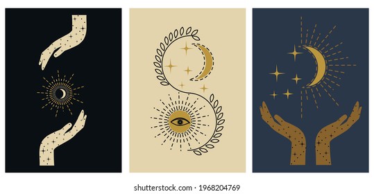 Mystery cards set. Hand drawn mystical design templates with hands, stars, moon, sun. Mysterious celestial cards for stories templates, posts, social media, business, banners etc. Vector illustration