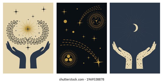 Mystery cards set. Hand drawn mystical design templates with hands, stars, moon, sun. Set of Mysterious celestial designs for stories, social media, cards etc. Vector illustration