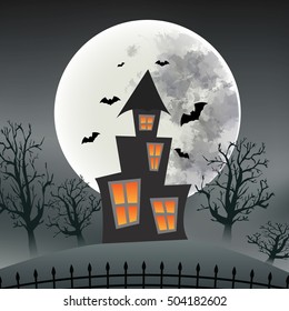 Mystery Castle with bat and a Full Moon night.Concept for Halloween poster, card and banner design in vector illustration format EPS10