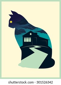Mystery cat illustration with double exposure effect.