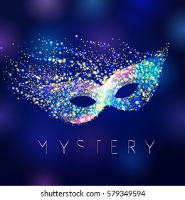 Mystery celebrating vector mask. Shining lighting holiday logo. Gold and blue colored decorating accessory on abstract water background. Greeting card, arts idea.