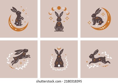 Mystery celestial black rabbits set. Trendy mystical design templates with bunnies or hares, stars, moon, leaves. Mysterious celestial cards for templates, posts, social media, business, banners etc. 