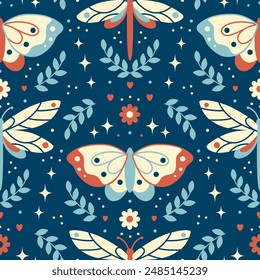 Mystery celestial night seamless pattern. Floral bohemian aesthetic backdrop with moths and dragonflies. Dark boho Mystical moth background. Vintage flat style print