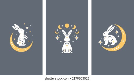 Mystery celestial rabbits set. Trendy mystical design templates with bunnies or hares, stars, moon. Mysterious celestial cards for stories templates, posts, social media, business, banners etc. 2023