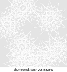 Mystery Chaotic Soft Silver Winter Mandala Luxury Calm Design Pic. Sharp Lace Light Print Pastel Satanic Ice Stars Ornament. Grey White Cold Complicated Monochrome Frost Folk Ornamental Background.