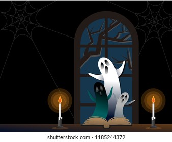 Mystery Complex, Three ghost with old tree and candle light at the doorway, Halloween concept, vector illustration.