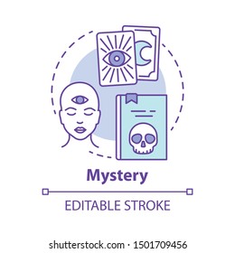 Mystery concept icon. Occult books idea thin line illustration. Mysticism, taromancy & esoteric literature. Fortune telling and divination. Vector isolated outline drawing. Editable stroke