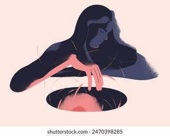 Mystery concept. Supernatural esoteric occult black magic. Psychology, mental health. Subconscious introspection. Depressed person exploring spirit and mind. Spiritual psychic flat vector illustration