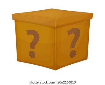 Mystery contest cardboard box. Mystery box gift question icon.