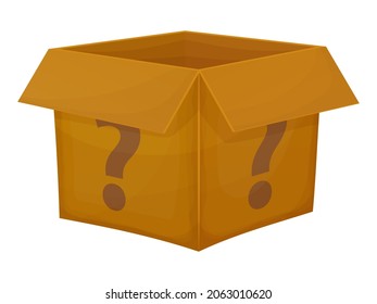 Mystery contest cardboard box. Mystery box gift question icon.