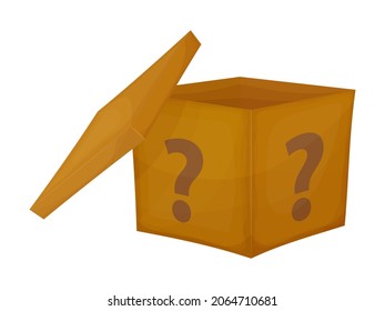 Mystery contest cardboard box. Mystery box gift question icon.