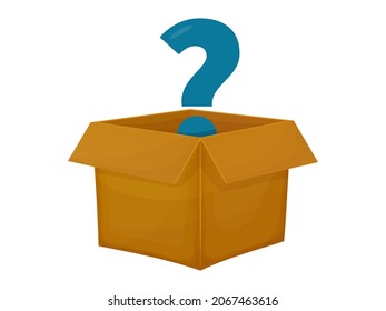 Mystery contest cardboard box with question. Mystery box gift question icon.