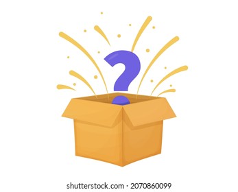 Mystery contest cardboard box with question. Mystery box gift question icon.
