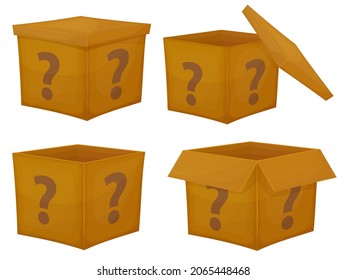 Mystery contest cardboard box set. Various of mystery box gift question icon.