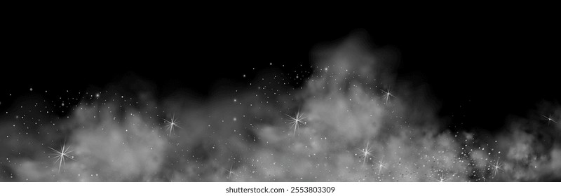 Mystery dark background with glowing particles, stardust, and glittering stars, creating a colorful, ethereal fog. Vector illustration with vibrant, multicolored steam and vapor.