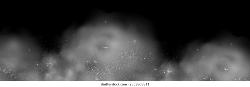 Mystery dark background with glowing particles, stardust, and glittering stars, creating a colorful, ethereal fog. Vector illustration with vibrant, multicolored steam and vapor.