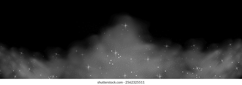 Mystery dark background with glowing particles, stardust, and glittering stars, creating a colorful, ethereal fog. Vector illustration with vibrant, multicolored steam and vapor.