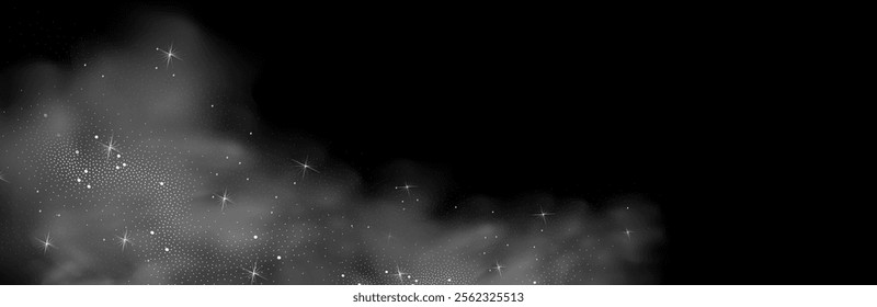 Mystery dark background with glowing particles, stardust, and glittering stars, creating a colorful, ethereal fog. Vector illustration with vibrant, multicolored steam and vapor.