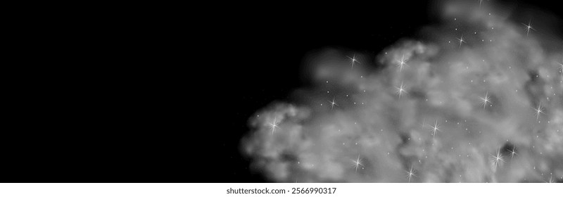 Mystery dark background with glowing particles, stardust, and glittering stars, creating a colorful, ethereal fog. Vector illustration with vibrant, multicolored steam and vapor.