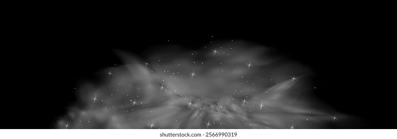 Mystery dark background with glowing particles, stardust, and glittering stars, creating a colorful, ethereal fog. Vector illustration with vibrant, multicolored steam and vapor.