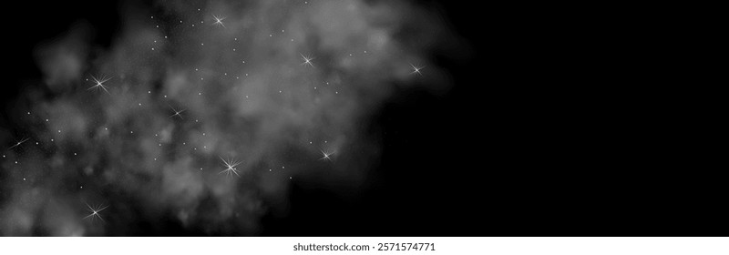 Mystery dark background with glowing particles, stardust, and glittering stars, creating a colorful, ethereal fog. Vector illustration with vibrant, multicolored steam and vapor.