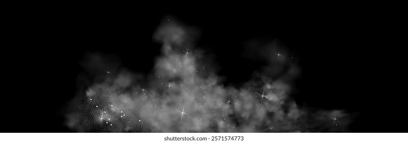 Mystery dark background with glowing particles, stardust, and glittering stars, creating a colorful, ethereal fog. Vector illustration with vibrant, multicolored steam and vapor.