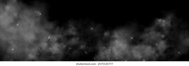 Mystery dark background with glowing particles, stardust, and glittering stars, creating a colorful, ethereal fog. Vector illustration with vibrant, multicolored steam and vapor.