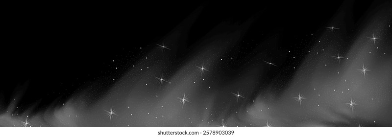 Mystery dark background with glowing particles, stardust, and glittering stars, creating a colorful, ethereal fog. Vector illustration with vibrant, multicolored steam and vapor.