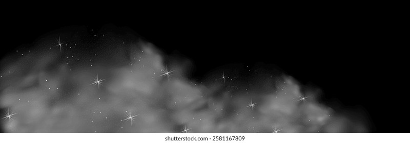 Mystery dark background with glowing particles, stardust, and glittering stars, creating a colorful, ethereal fog. Vector illustration with vibrant, multicolored steam and vapor.