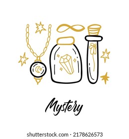 Postal de Doodle misterioso. Ilustración vectorial de la tarjeta de felicitación de brujería.