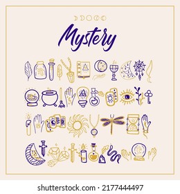 Juego de Doodle misterioso. Ilustración vectorial de símbolos de magia y brujería.