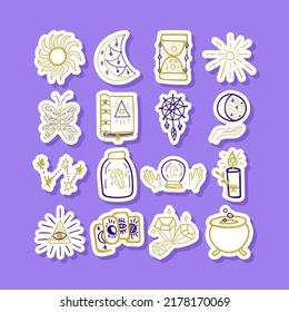 Mystery Doodle Sticker Set. Vector Illusstration of Magic and Witch Label Objects.