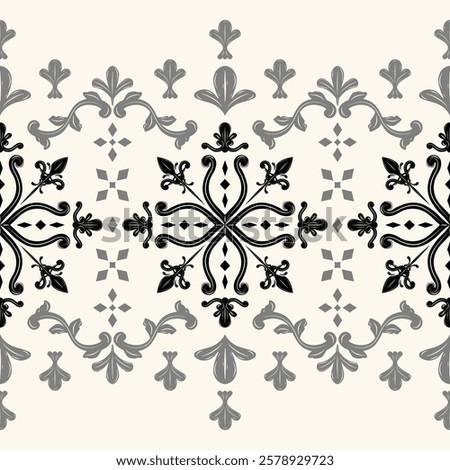 Mystery Elegance Silver Black Scroll Ornament Pattern on Beige Background Seamless Border Pattern. Luxury Monotone Tone Silk Weaves Delicate Lace Ornate Royal Onyx Embroidery Beautiful Stripe Decorate