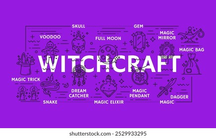 Mystery esoteric witchcraft and magic icons or symbols. Vector linear signs of full moon, magic mirror, bag, trick, dream catcher, elixir and pendant, dagger, snake or skull mysterious witchery itemsV