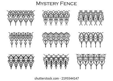 Mystery Fence Vector 9 Halloween. Assorted spooky cemetery fence silhouettes. Assets isolated on a white background. Scary, haunted and spooky fence elements
