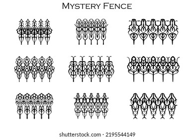 Mystery Fence Vector 9 Halloween. Assorted spooky cemetery fence silhouettes. Assets isolated on a white background. Scary, haunted and spooky fence elements
