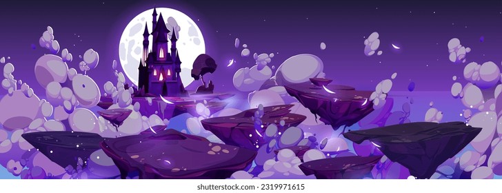 Mystery floating rock islands, fantasy sky road to magic castle vector background. Medieval kingdom fairytale landscape illustration at night. Halloween fortress silhouette with cloud and moonlight.