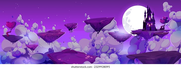 Mystery floating rock islands, fantasy sky road to magic castle vector background. Medieval kingdom fairytale landscape illustration at night. Halloween fortress silhouette with cloud and moonlight. svg