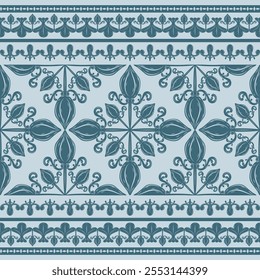 Patrón de flores de misterio Qing color real azul-verde bordado Vector exquisitamente sin costuras. Frontera elegante atemporal de la opulencia de la elegancia para el diseño de clase alta, la ropa de los hombres, ornamento del pergamino, interior