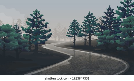 Mystery foggy forest landscape after rain. Gloomy realistic horizontal illustration of road through trees.