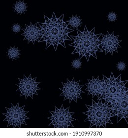 Mystery Folk Colorful Blue Black Sky Wallpaper. Sharp Cold New Year Mandala Winter Pattern. Dark Snowflakes Christmas Print Stars Design Pic. WinterIndigo Gothic Chaotic Snowflakes Composition.