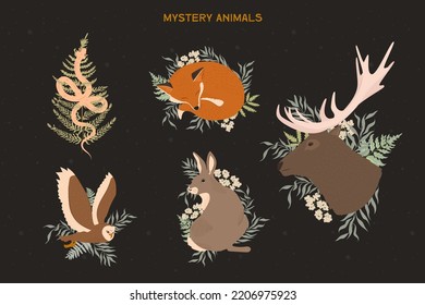 Mystery forest animals collection. Snake, fox, owl, rabbit, elk. Editable Vector illustration.