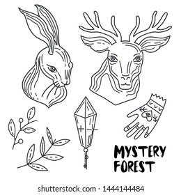 Mystery forest elements set lineart