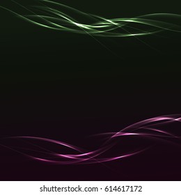 Mystery futuristic dark swoosh wave background. Green and red or pink motion speed lines over dark layout. Vector illustration