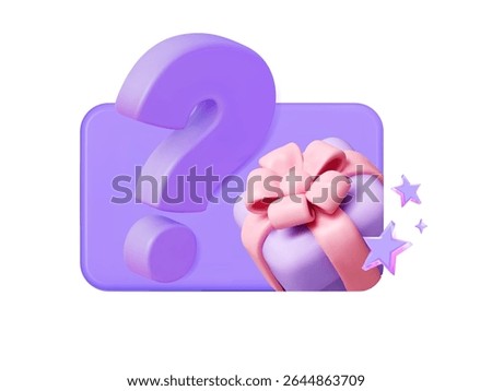 Mystery gift 3D vector icon with question mark and surprise box. Festive illustration for bonus, promo, giveaway, discount, cashback and holiday offer.