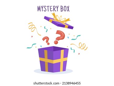 Mystery Gift Box with Cardboard Box Open Inside with a Question Mark, Lucky Gift or Other Surprise in Flat Cartoon Style Illustration 