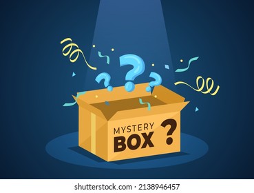 Mystery Gift Box with Cardboard Box Open Inside with a Question Mark, Lucky Gift or Other Surprise in Flat Cartoon Style Illustration 