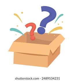 Mystery Gift Box with Cardboard Box Open Inside with a Question Mark, Lucky Gift or Other Surprise in Flat Cartoon Style Illustration.