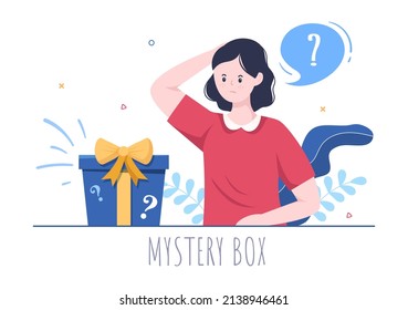 Mystery Gift Box and Confused Woman a Cardboard Box Open Inside with a Question Mark, Lucky Gift or Other Surprise in Flat Cartoon Style Illustration 