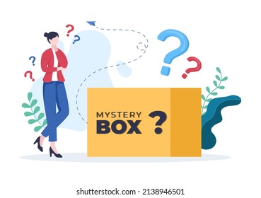 Mystery Gift Box and Confused Woman a Cardboard Box Open Inside with a Question Mark, Lucky Gift or Other Surprise in Flat Cartoon Style Illustration 